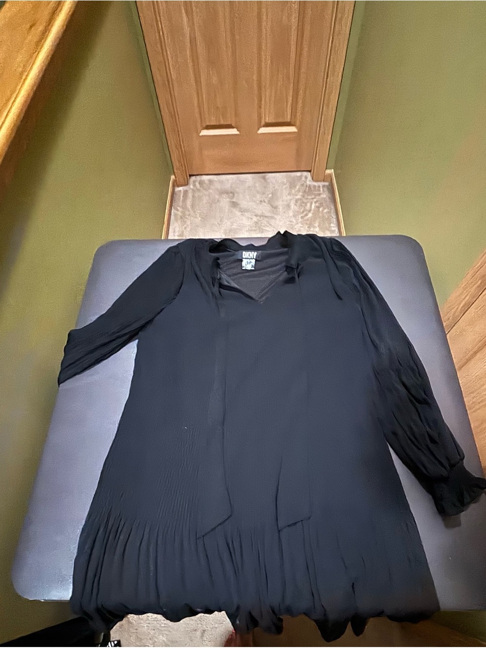 DKNY Black Long-Sleeve Tie-Neck Pleated-Hem Dress